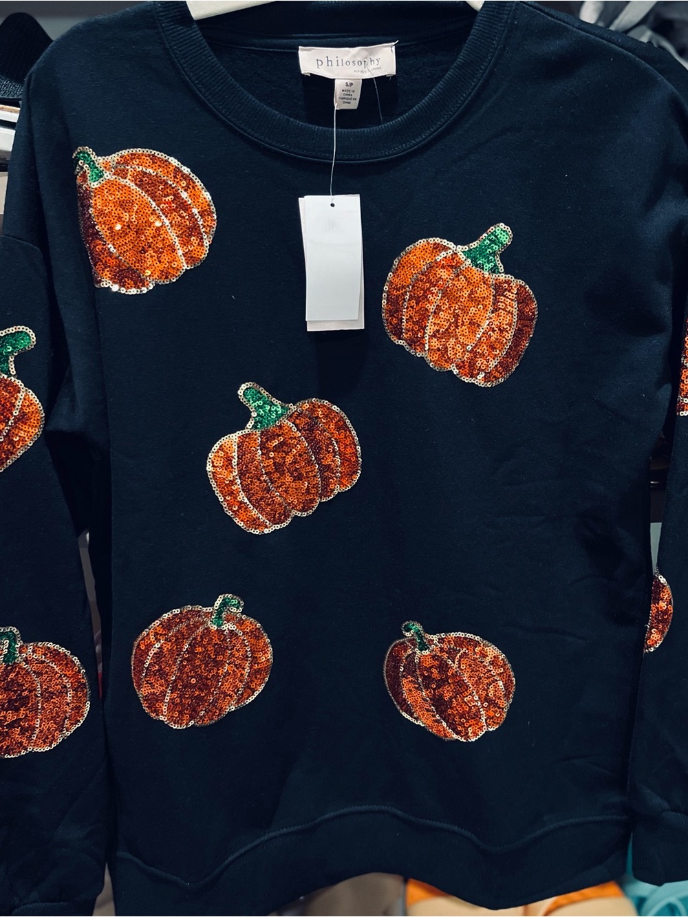 Philosophy NWT Black Sweatshirt with Orange Sequin Pumpkins